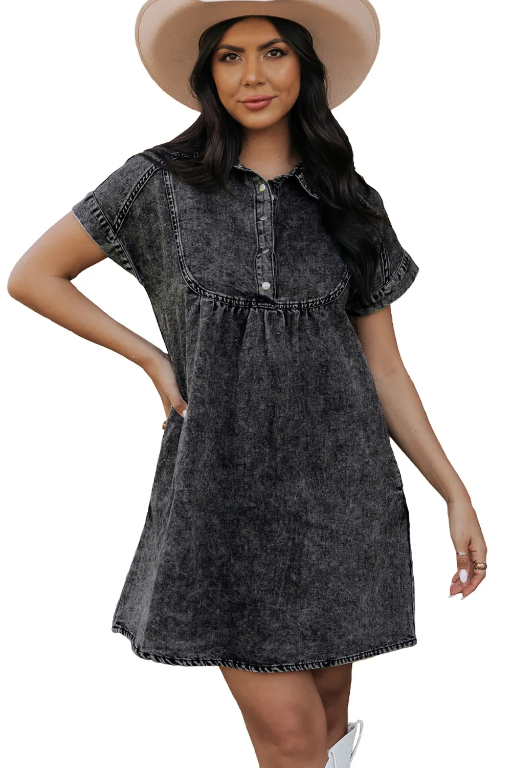 Acid Wash Collared Denim Dress