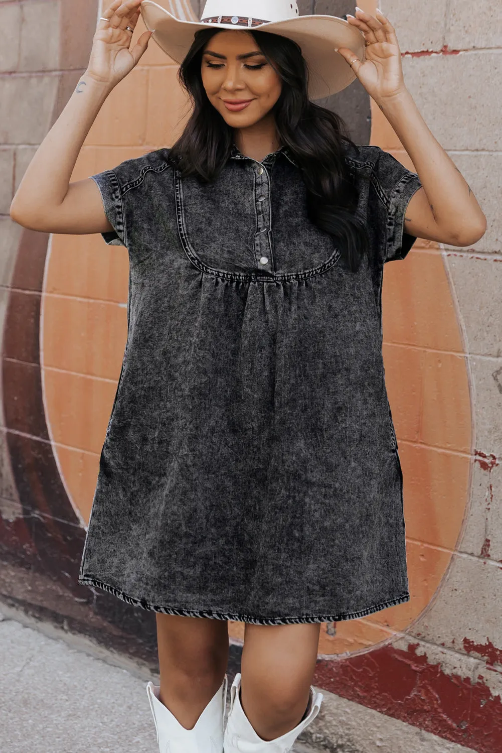 Acid Wash Collared Denim Dress