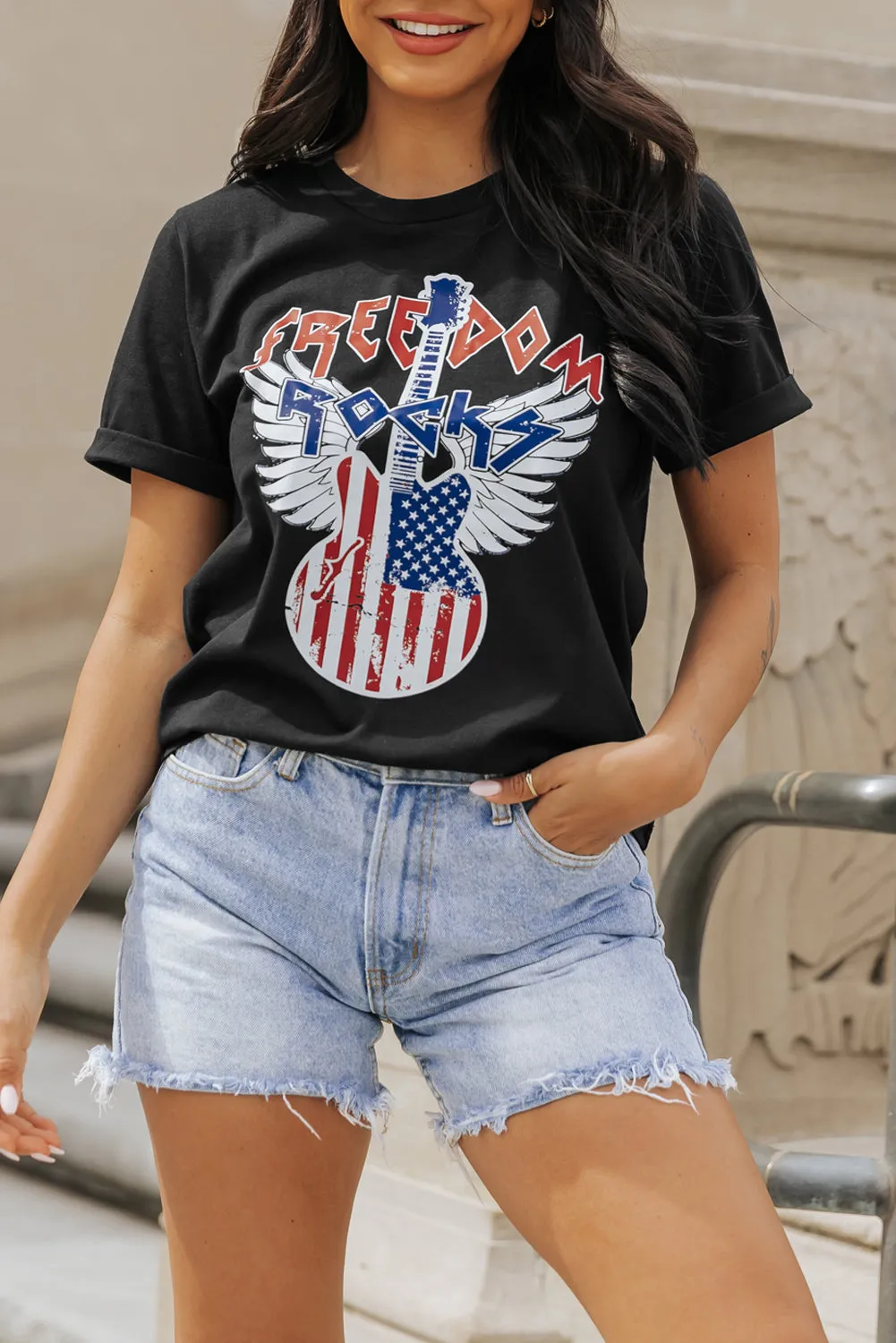 American Flag Guitar Print Crew Neck Tee