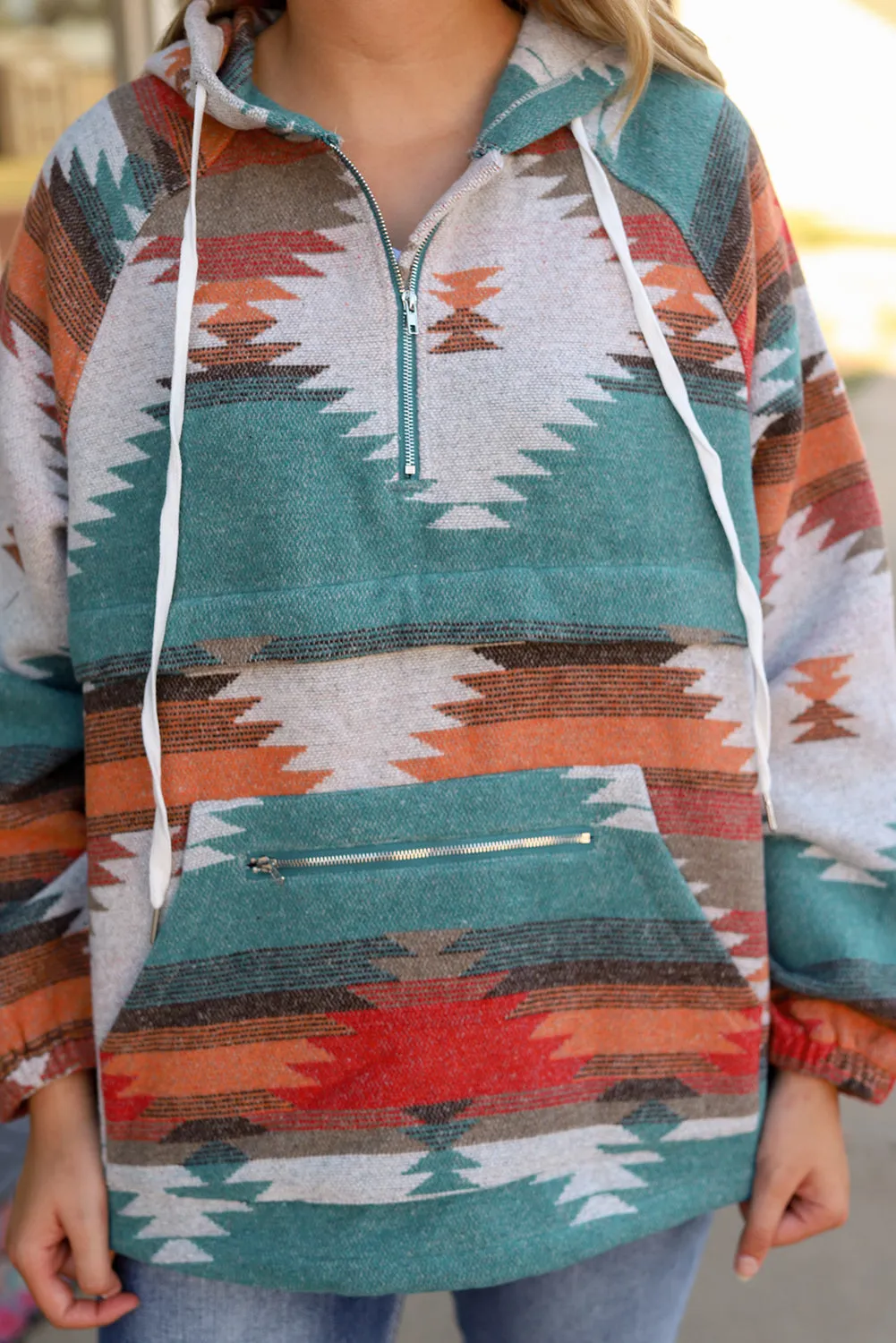 Aztec Zipped Split Neck Hoodie