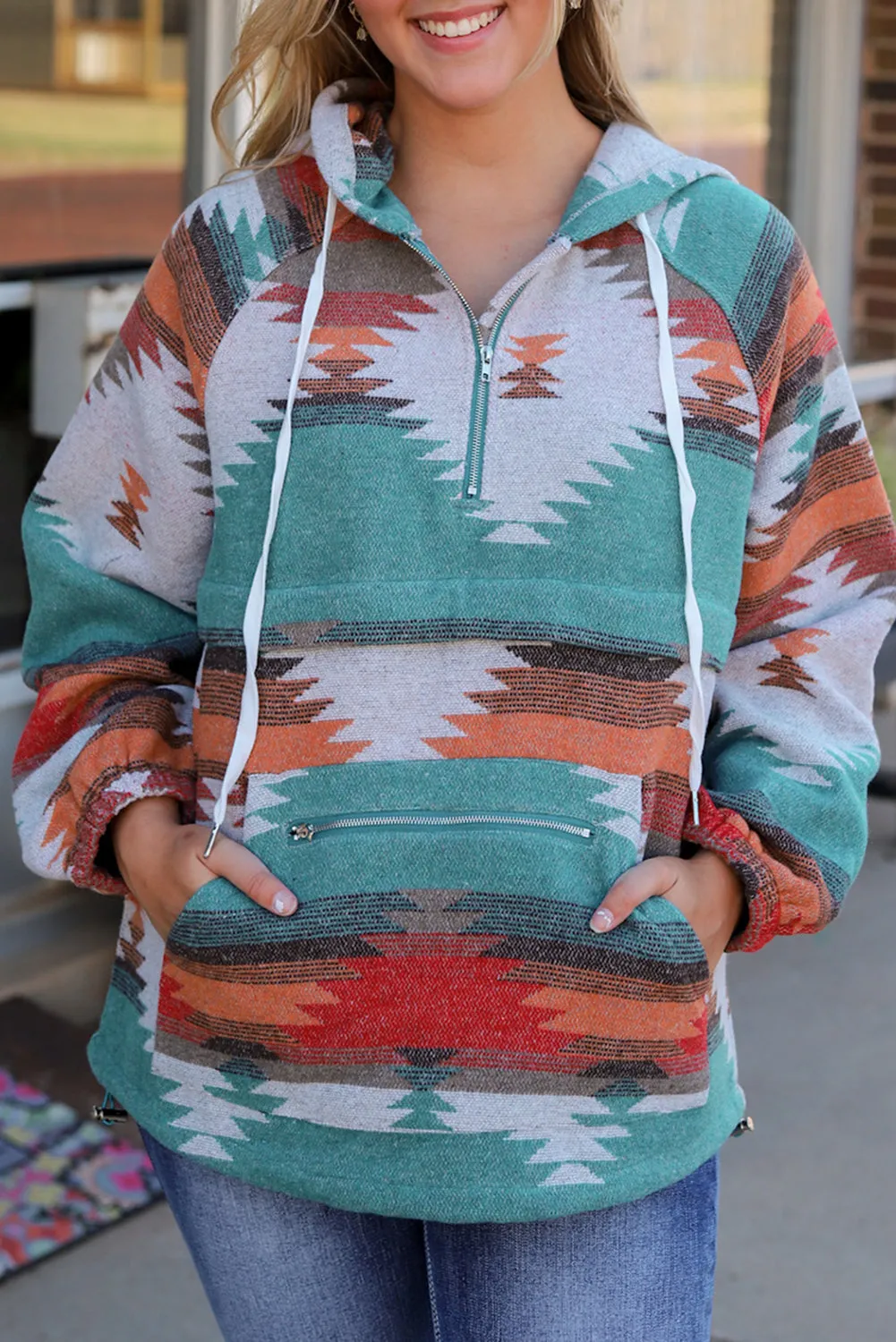 Aztec Zipped Split Neck Hoodie