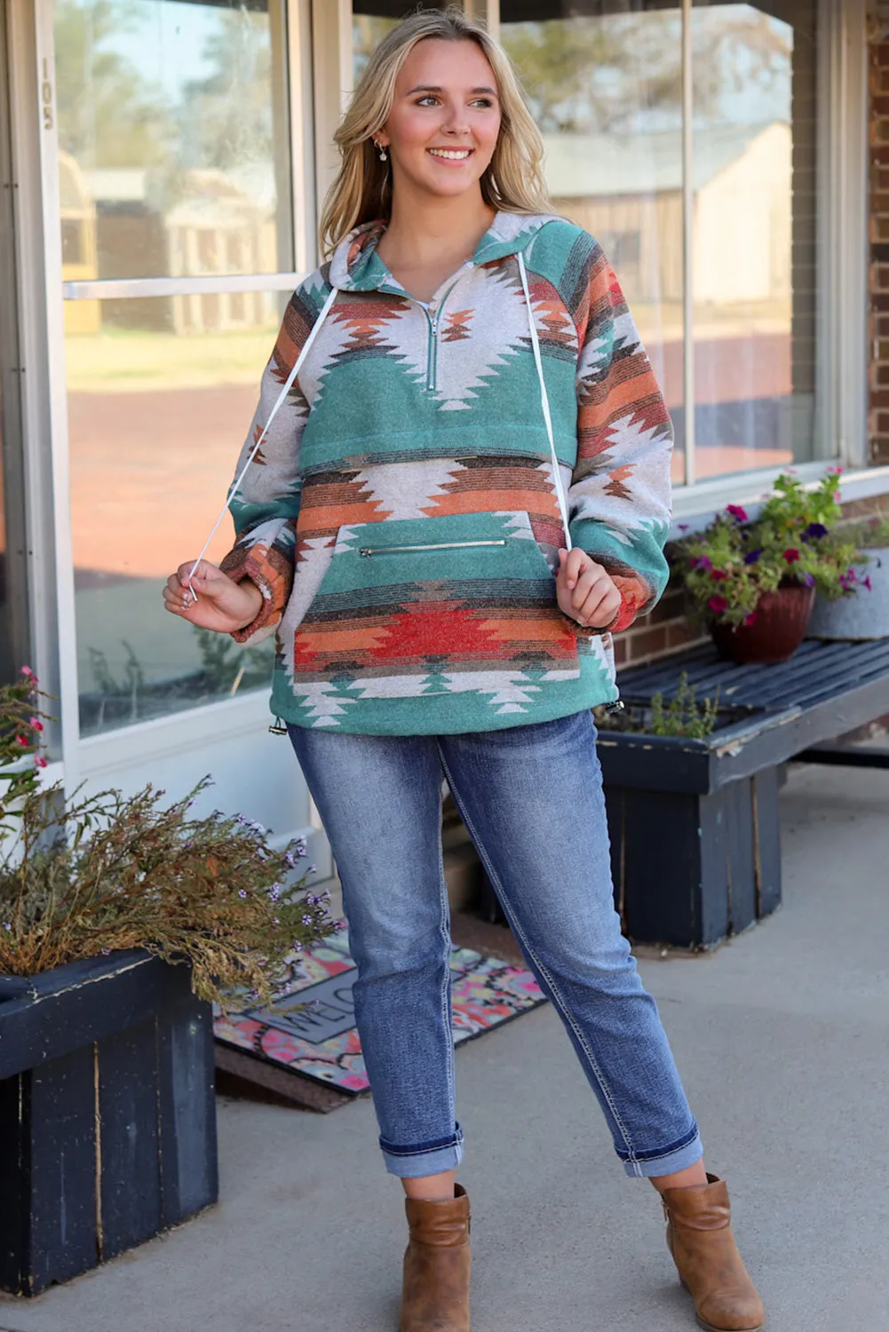 Aztec Zipped Split Neck Hoodie