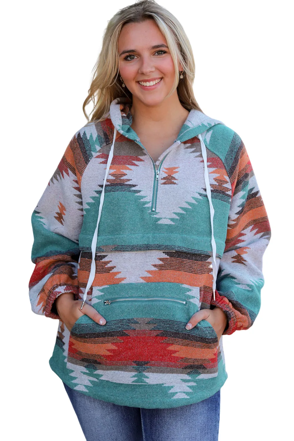 Aztec Zipped Split Neck Hoodie