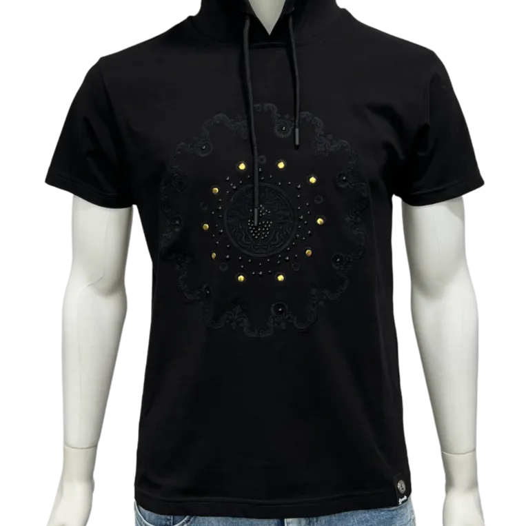 Black Short Sleeves Men's Graphic Hoodies With Metal Printed