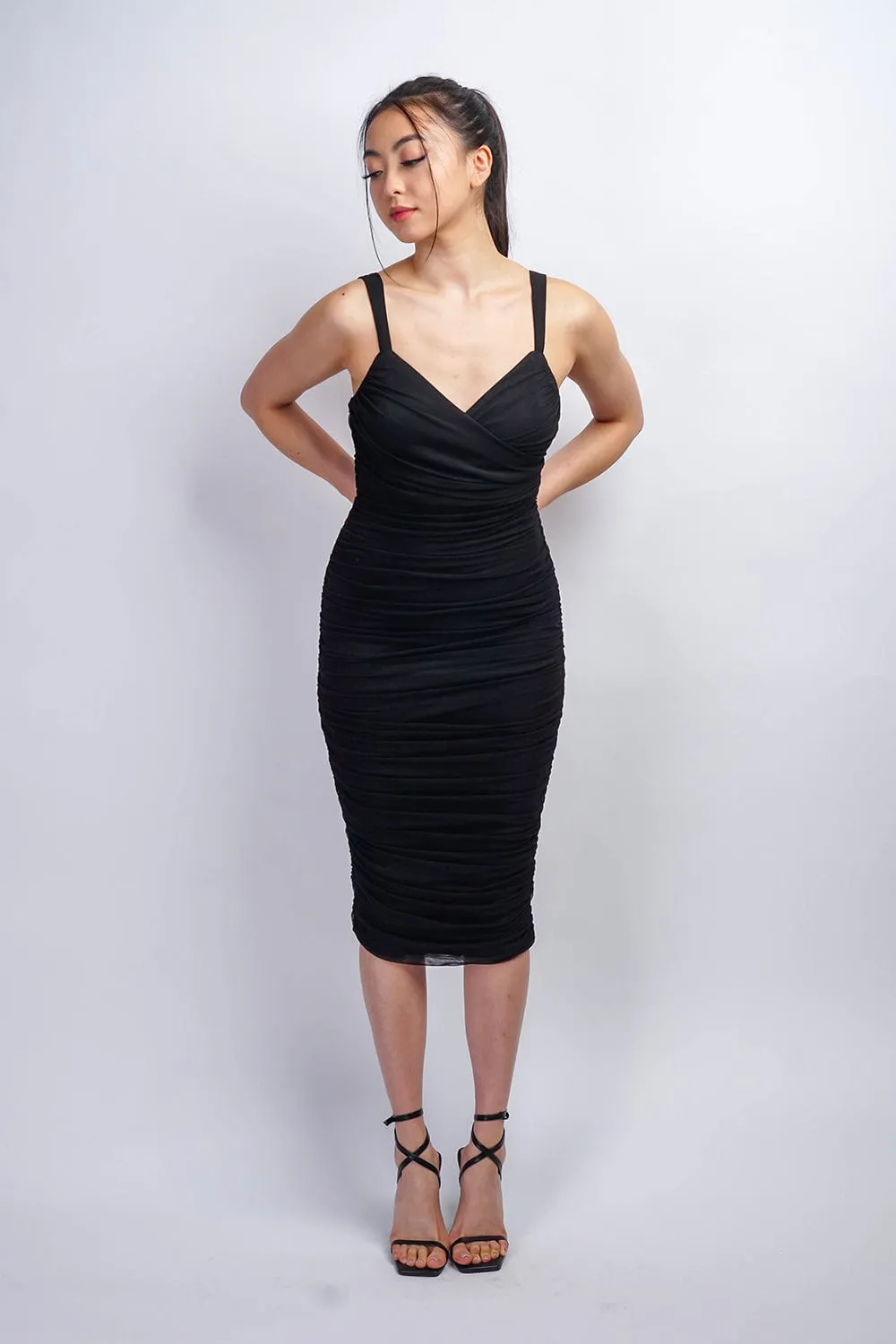 Black Surplice Mesh Bodycon Midi Dress