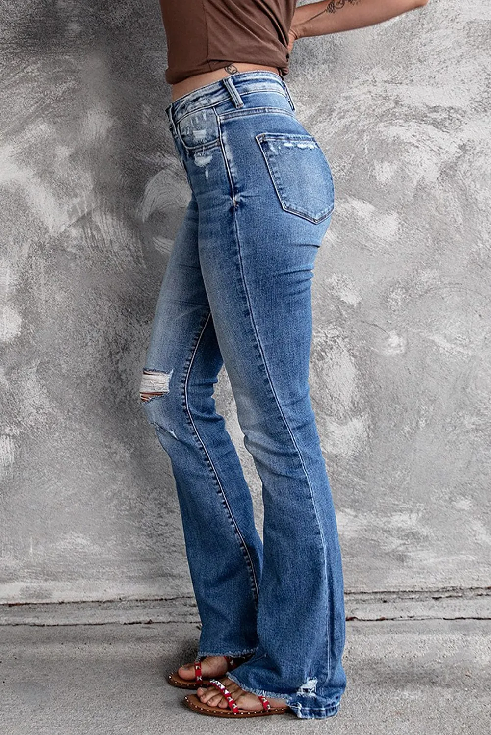 Blue Denim Flared Distressed Jeans