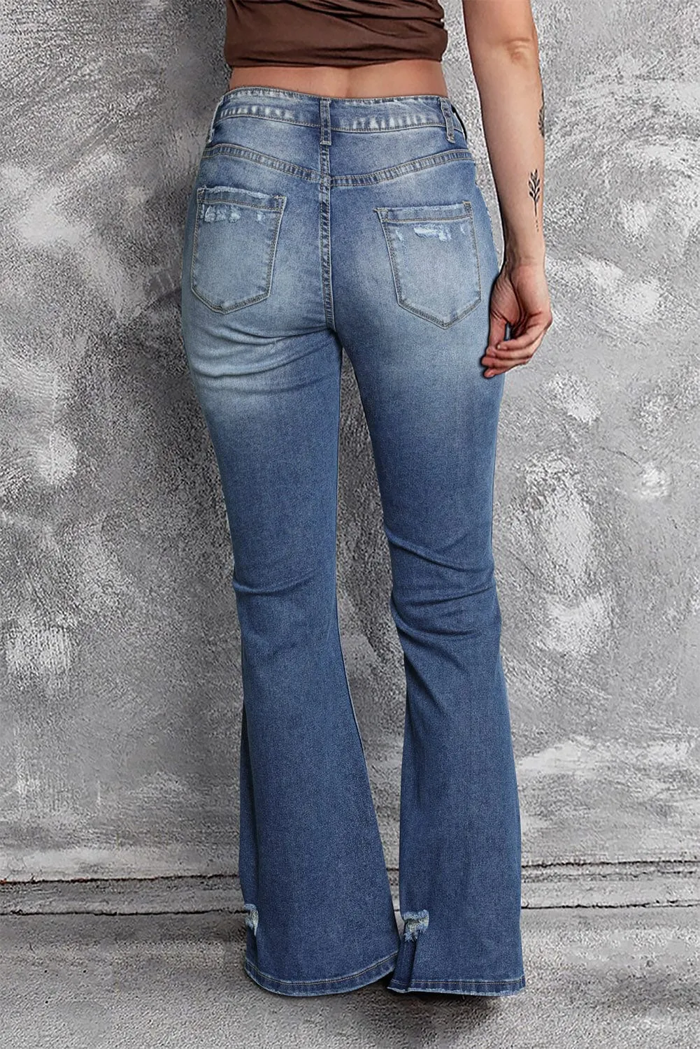 Blue Denim Flared Distressed Jeans