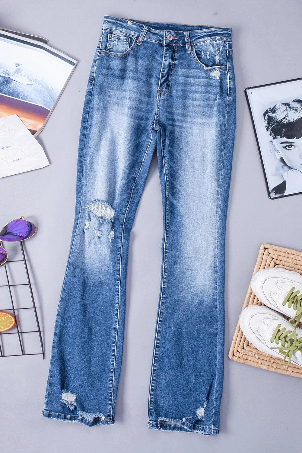 Blue Denim Flared Distressed Jeans