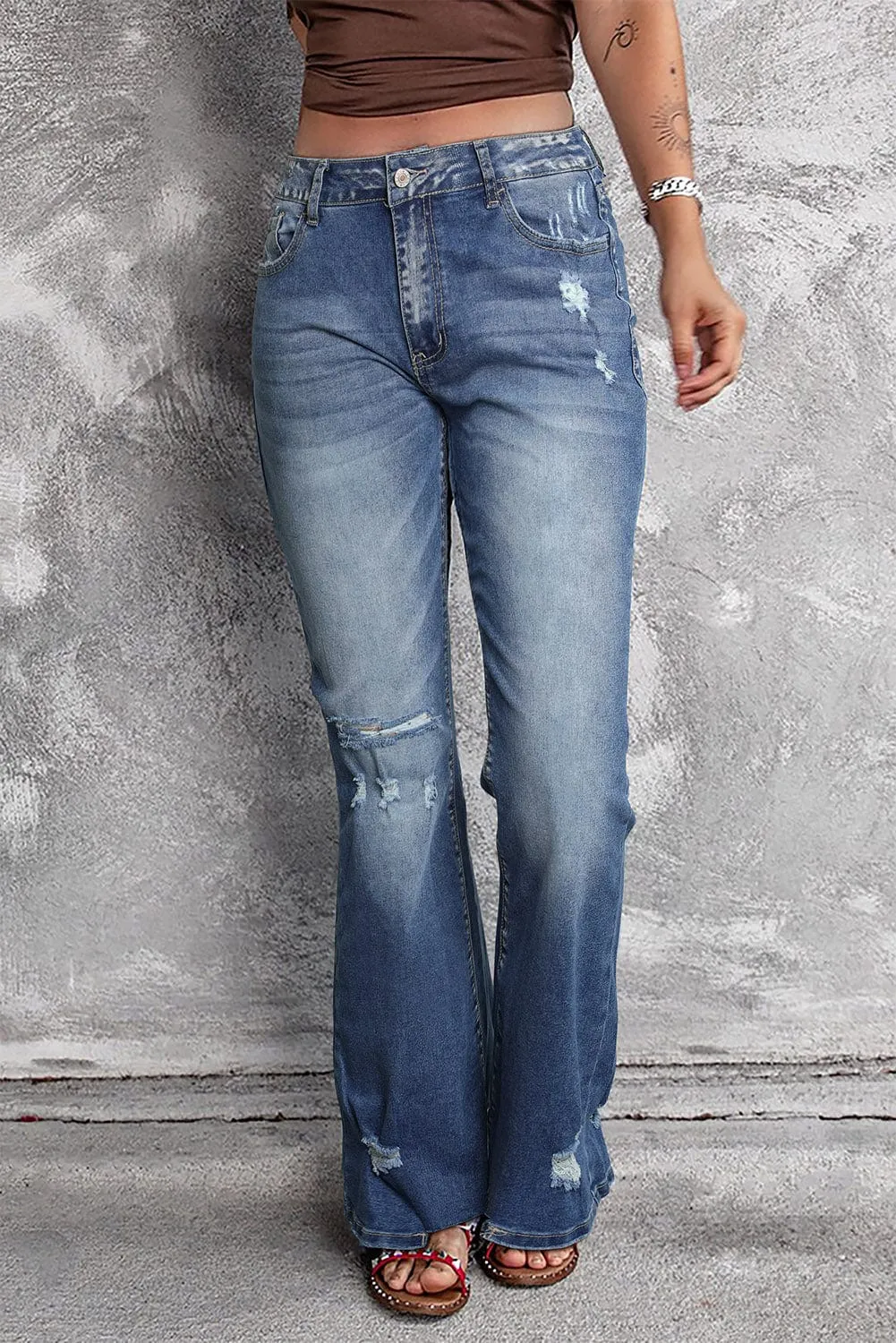 Blue Denim Flared Distressed Jeans