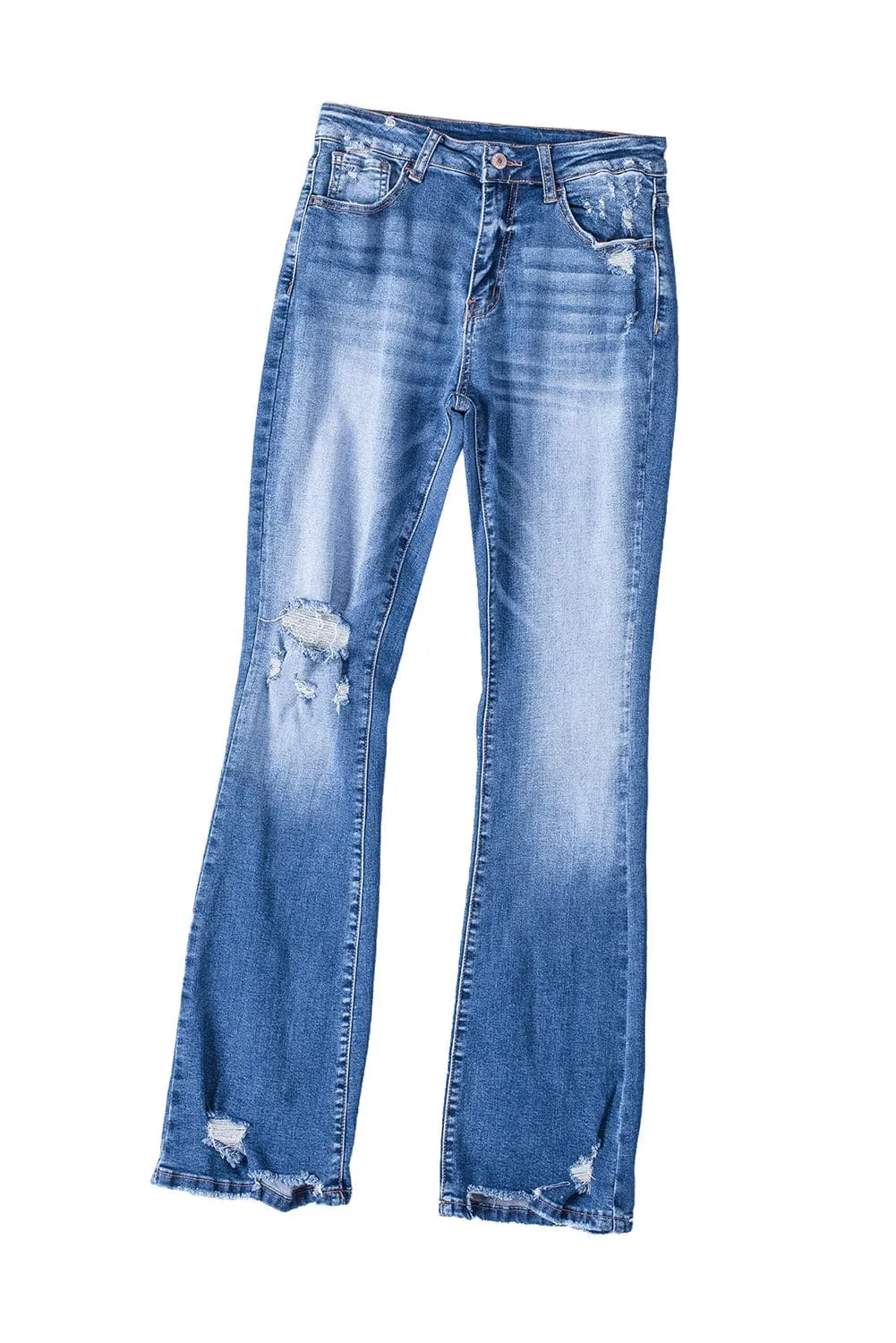 Blue Denim Flared Distressed Jeans