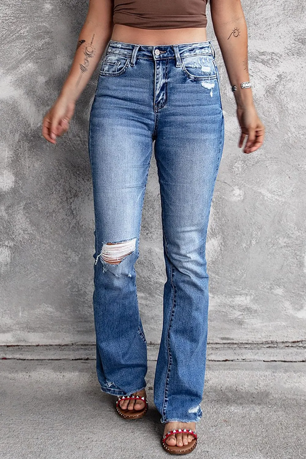 Blue Denim Flared Distressed Jeans