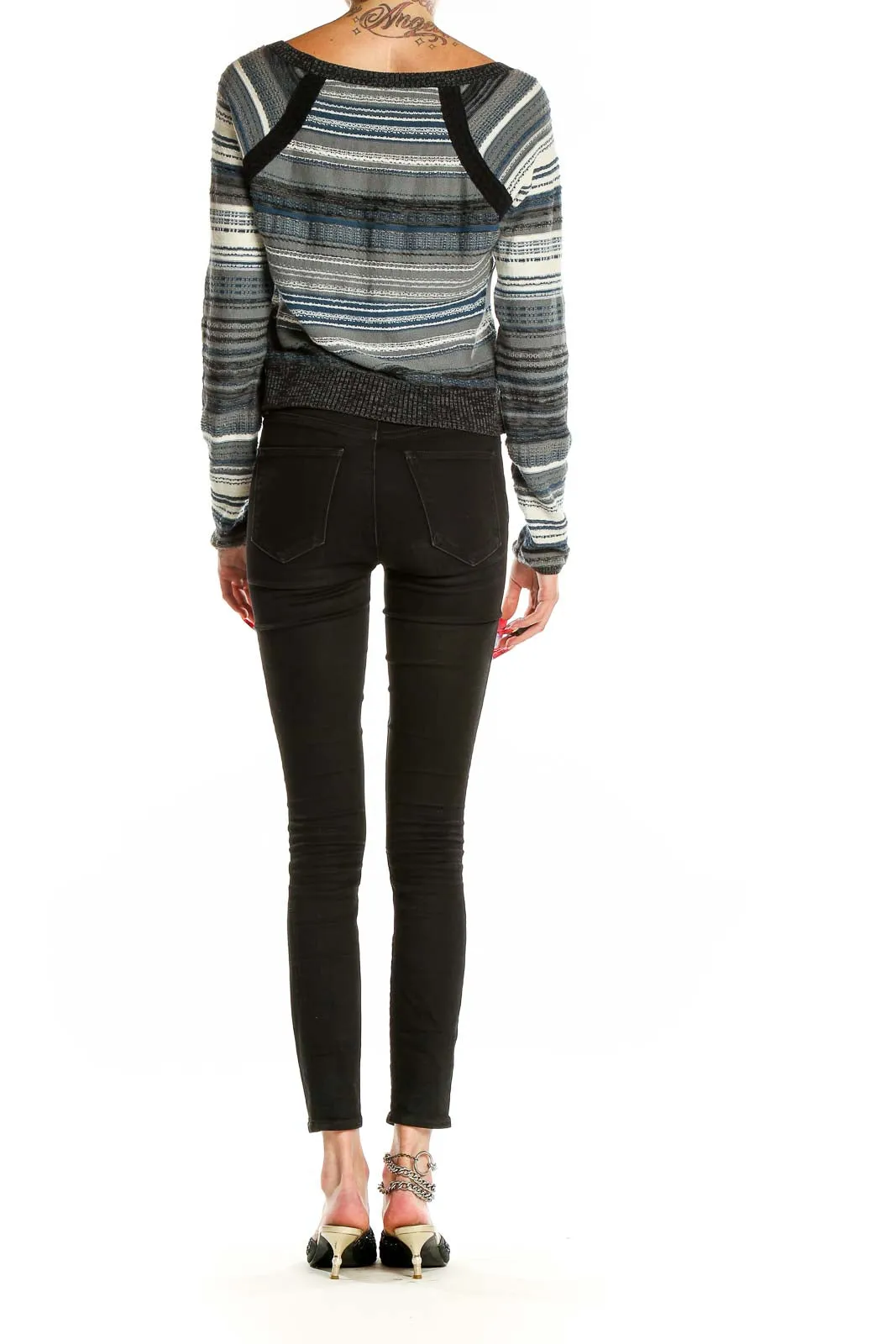 Blue Striped Cropped Knit Sweater