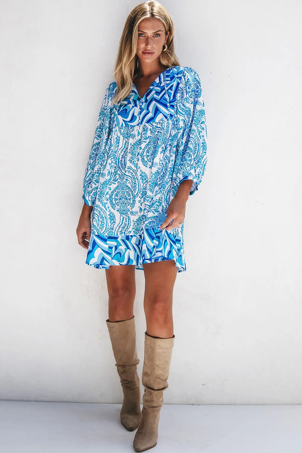 Bohemian Puff Tied Flared Mini Dress