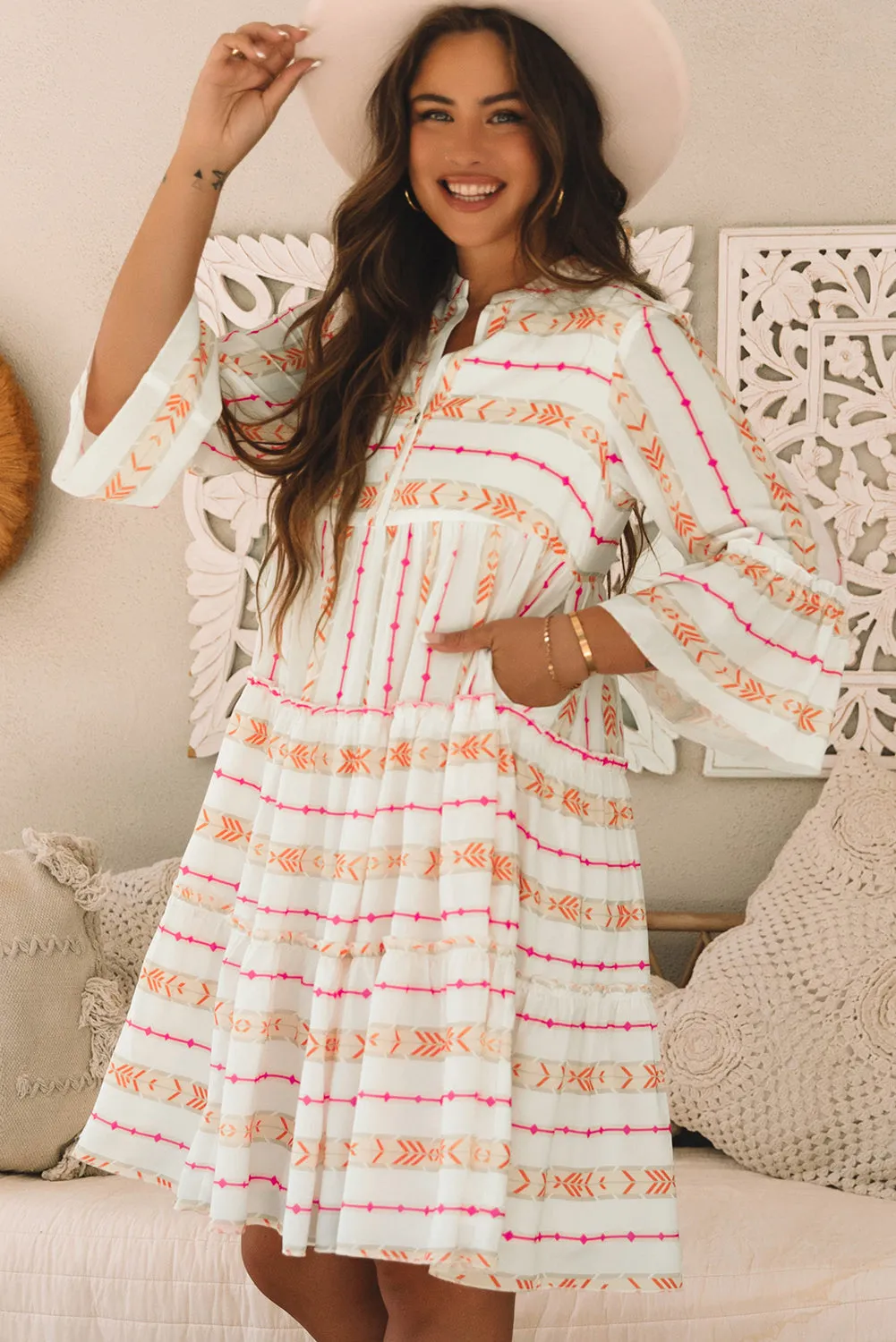 Bohemian Slit Neck Ruffled Loose Dress