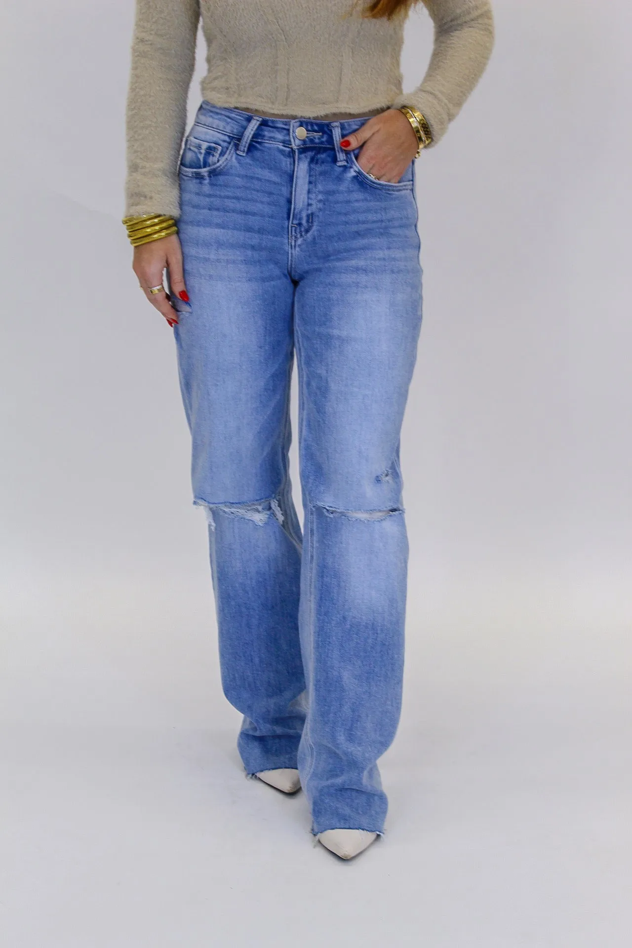 Dexterity High Rise Distressed Slim Wide Leg Jeans