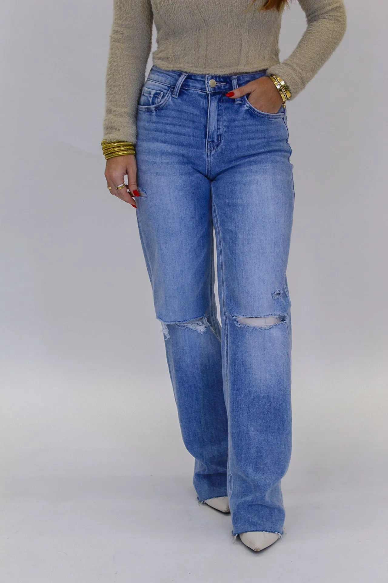 Dexterity High Rise Distressed Slim Wide Leg Jeans