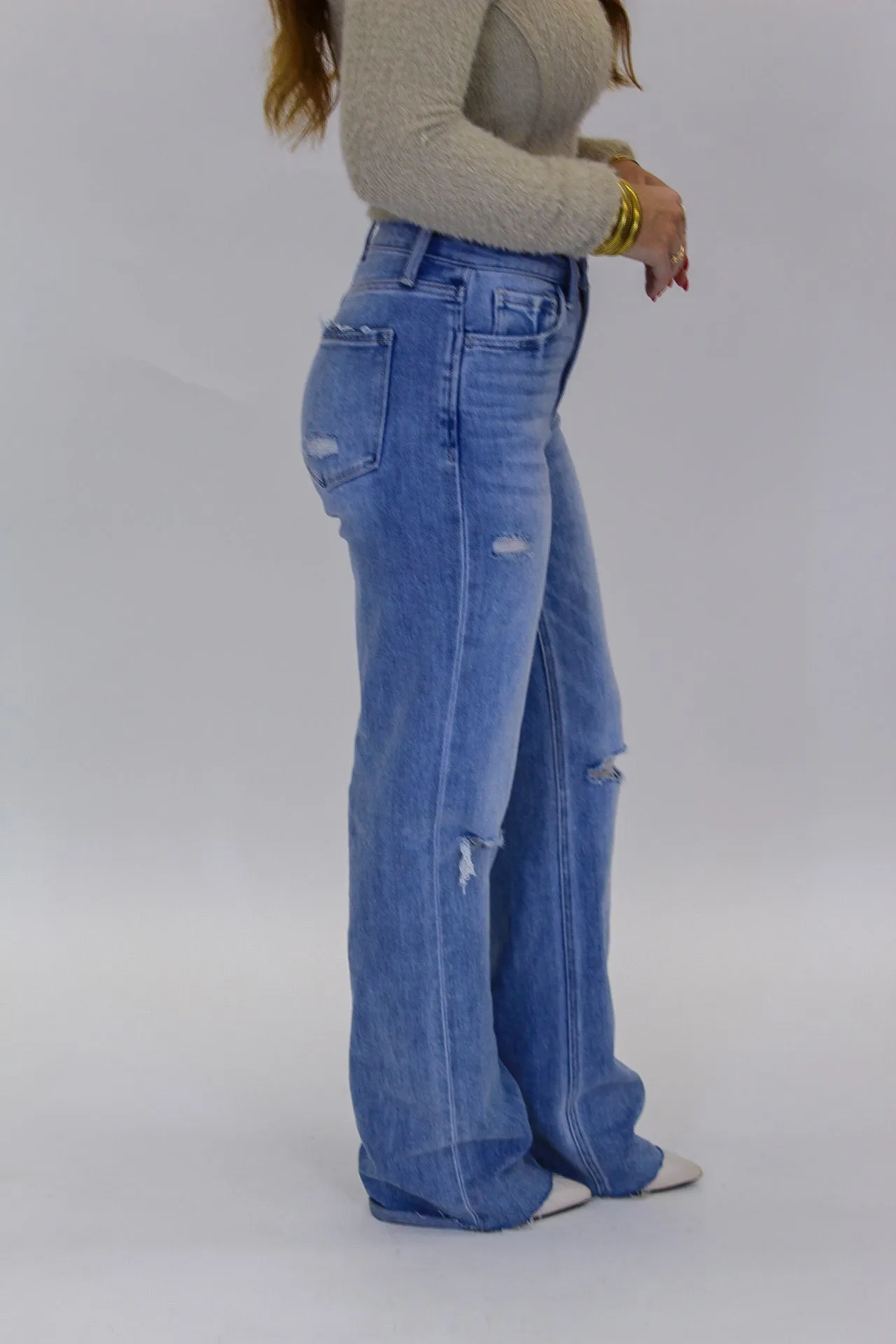 Dexterity High Rise Distressed Slim Wide Leg Jeans