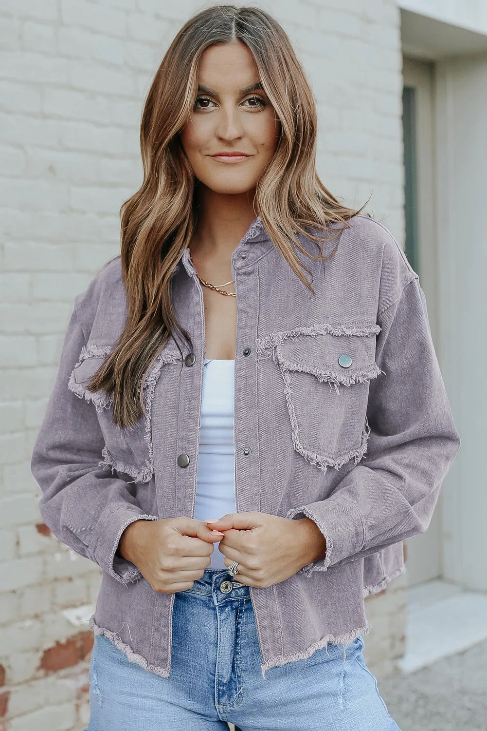 Distressed Flap Pockets Frayed Hemline Denim Jacket