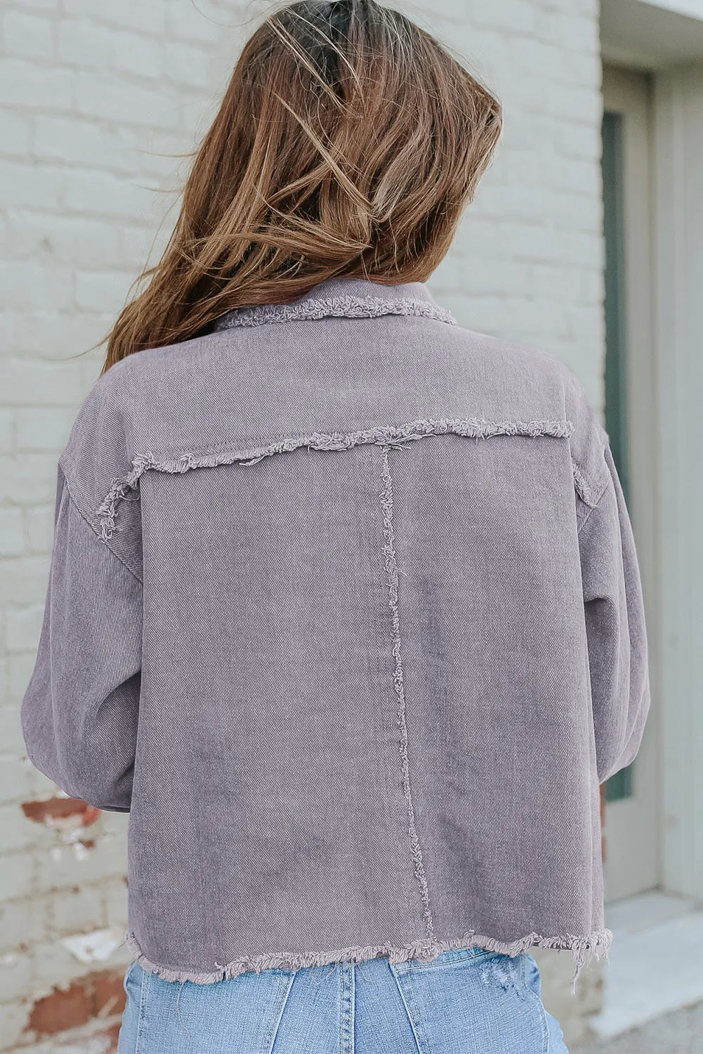 Distressed Flap Pockets Frayed Hemline Denim Jacket