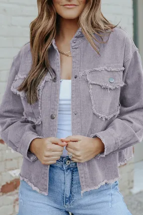 Distressed Flap Pockets Frayed Hemline Denim Jacket