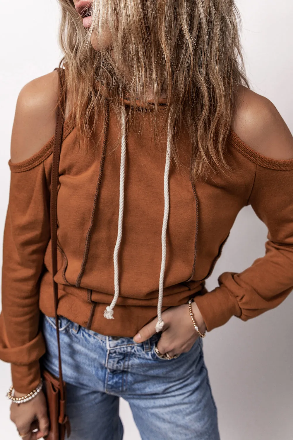 Exposed Seam Cold Shoulder Hoodie