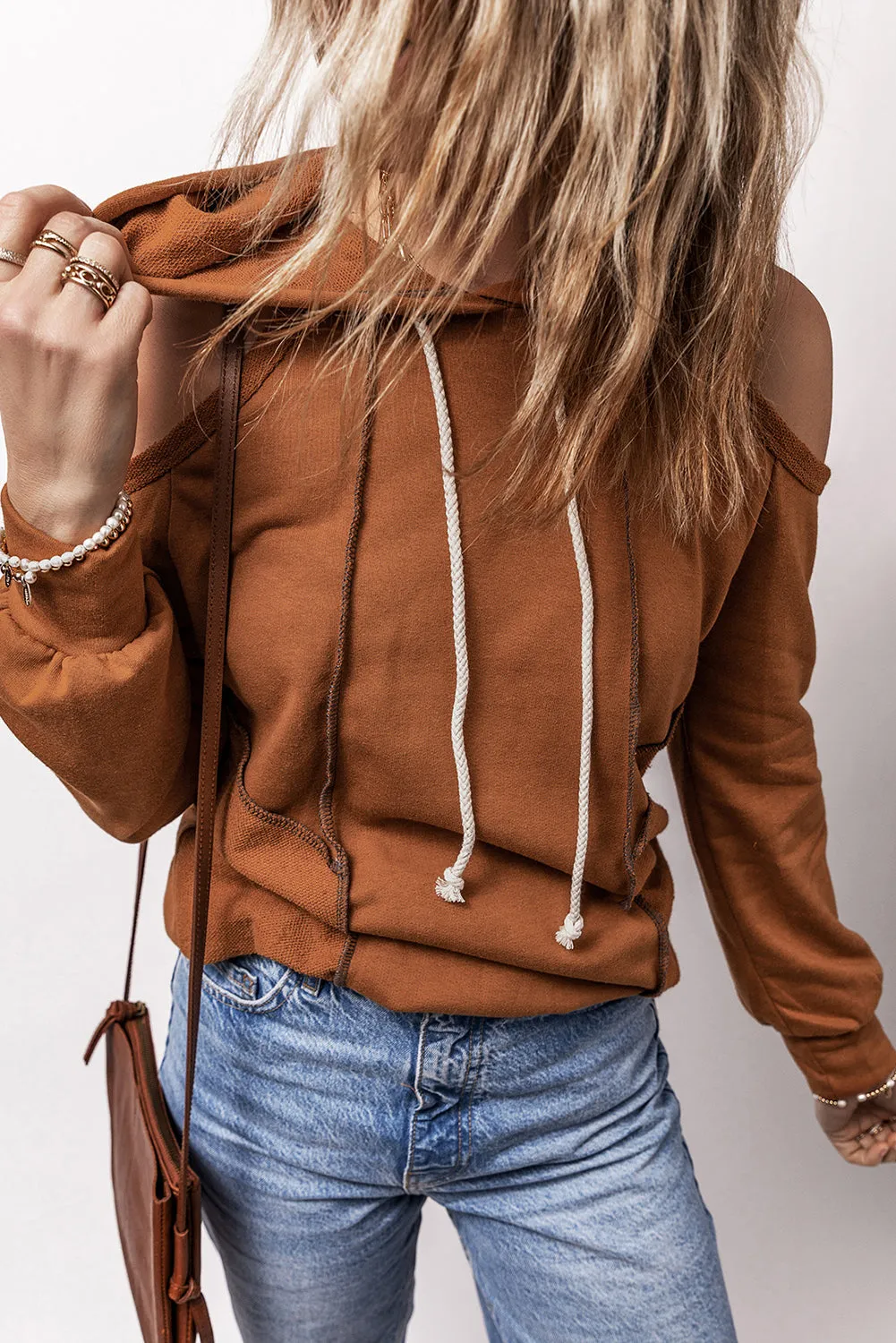 Exposed Seam Cold Shoulder Hoodie