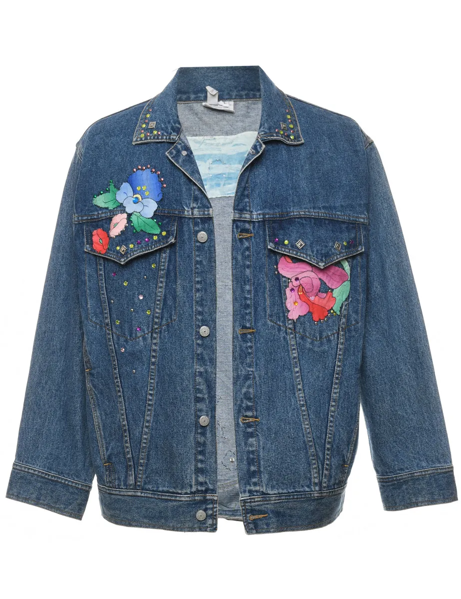 Floral Pattern Embellished Denim Jacket - L