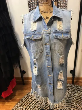 Frayed Distressed denim long vest jacket