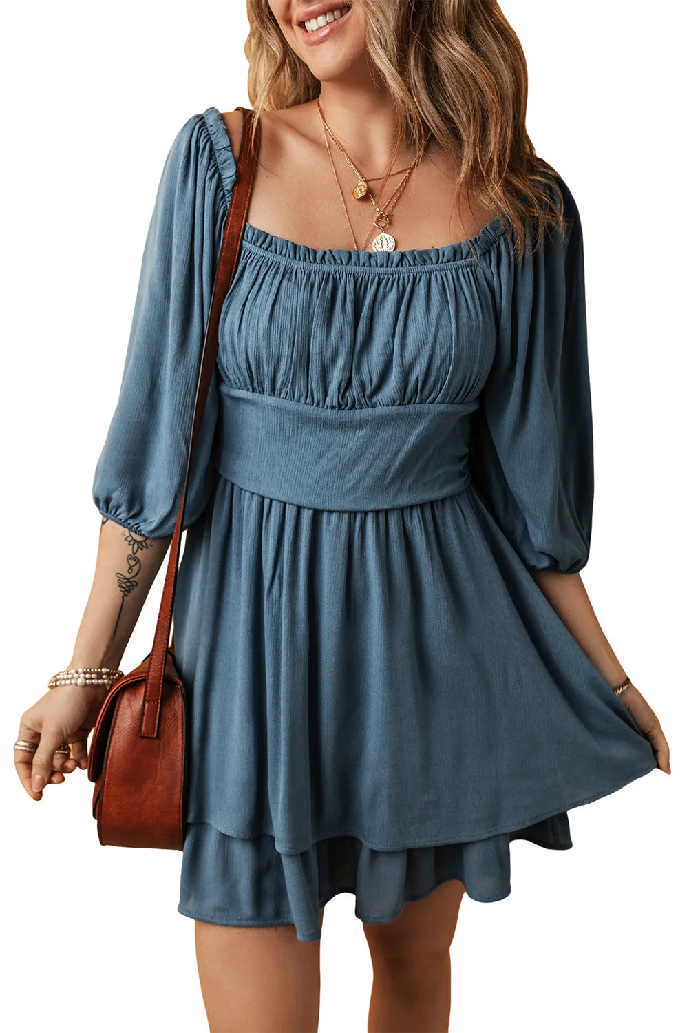 Frilled Neckline Layered Ruched Mini Dress