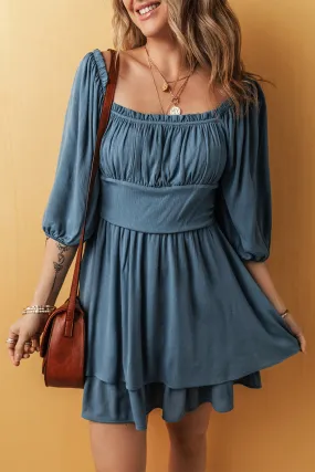 Frilled Neckline Layered Ruched Mini Dress