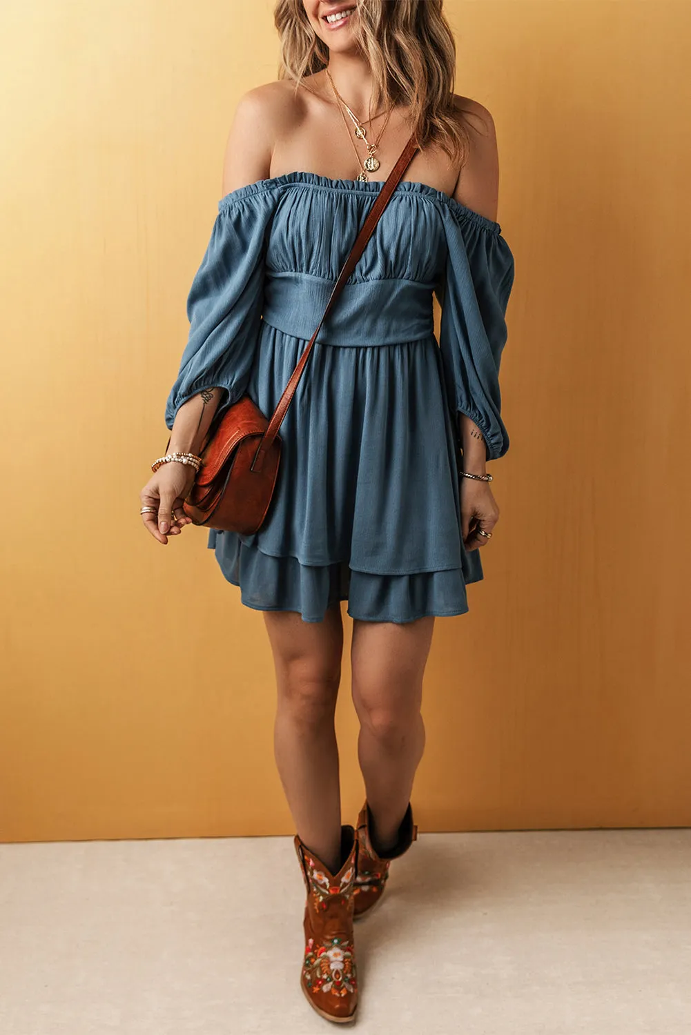 Frilled Neckline Layered Ruched Mini Dress