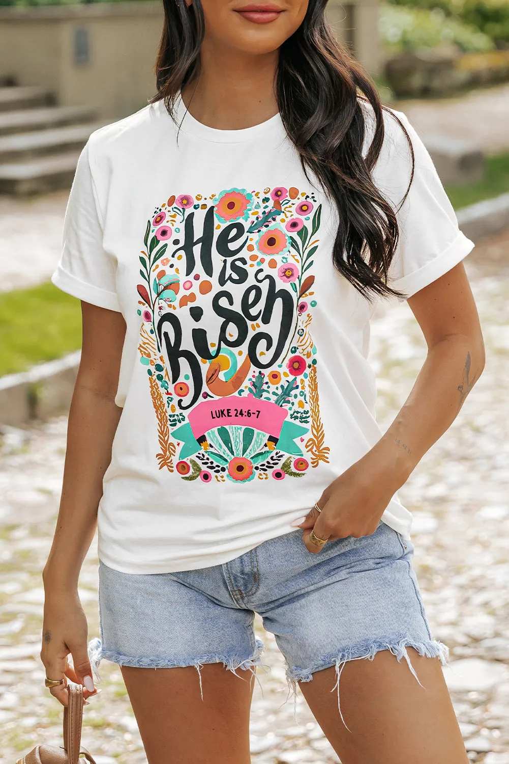 He Is Risen Floral Print Round Neck T Shirt