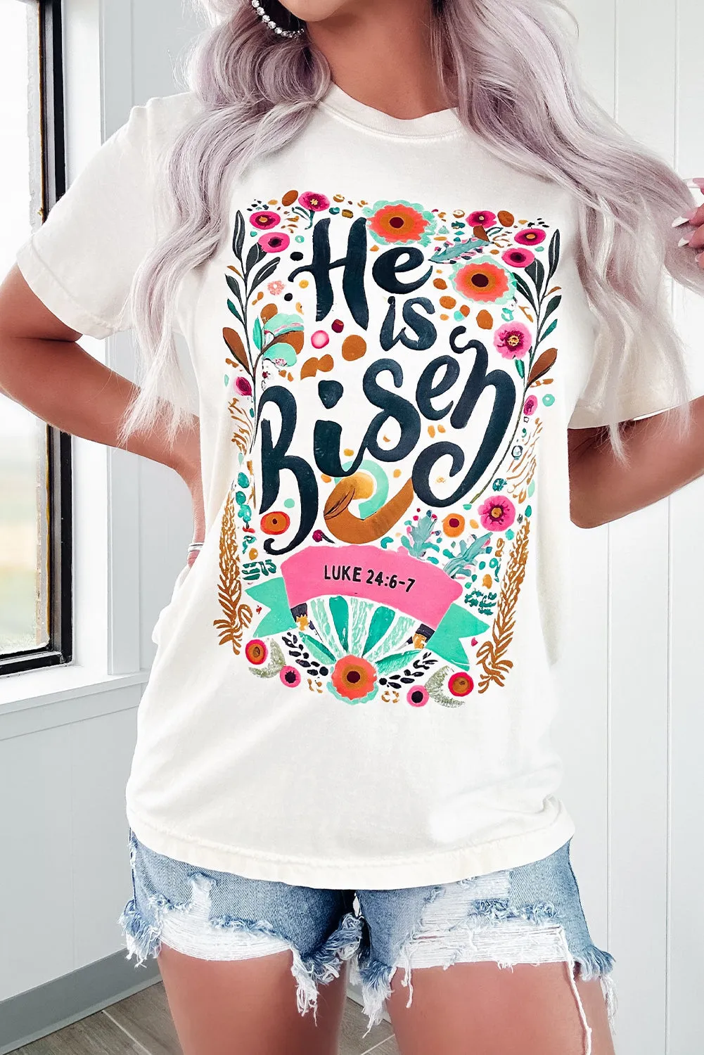 He Is Risen Floral Print Round Neck T Shirt