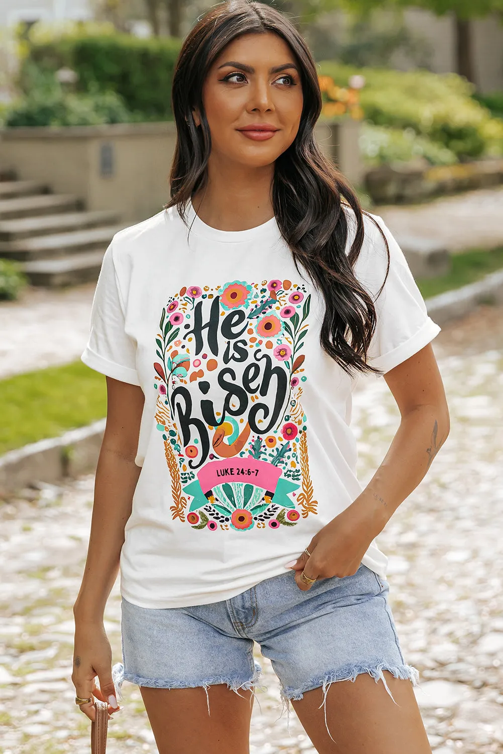 He Is Risen Floral Print Round Neck T Shirt