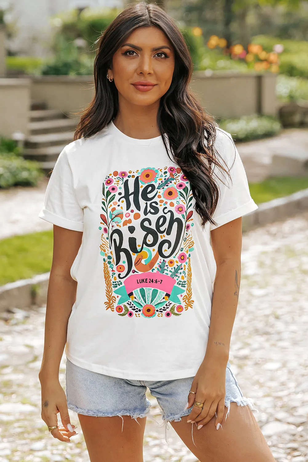 He Is Risen Floral Print Round Neck T Shirt