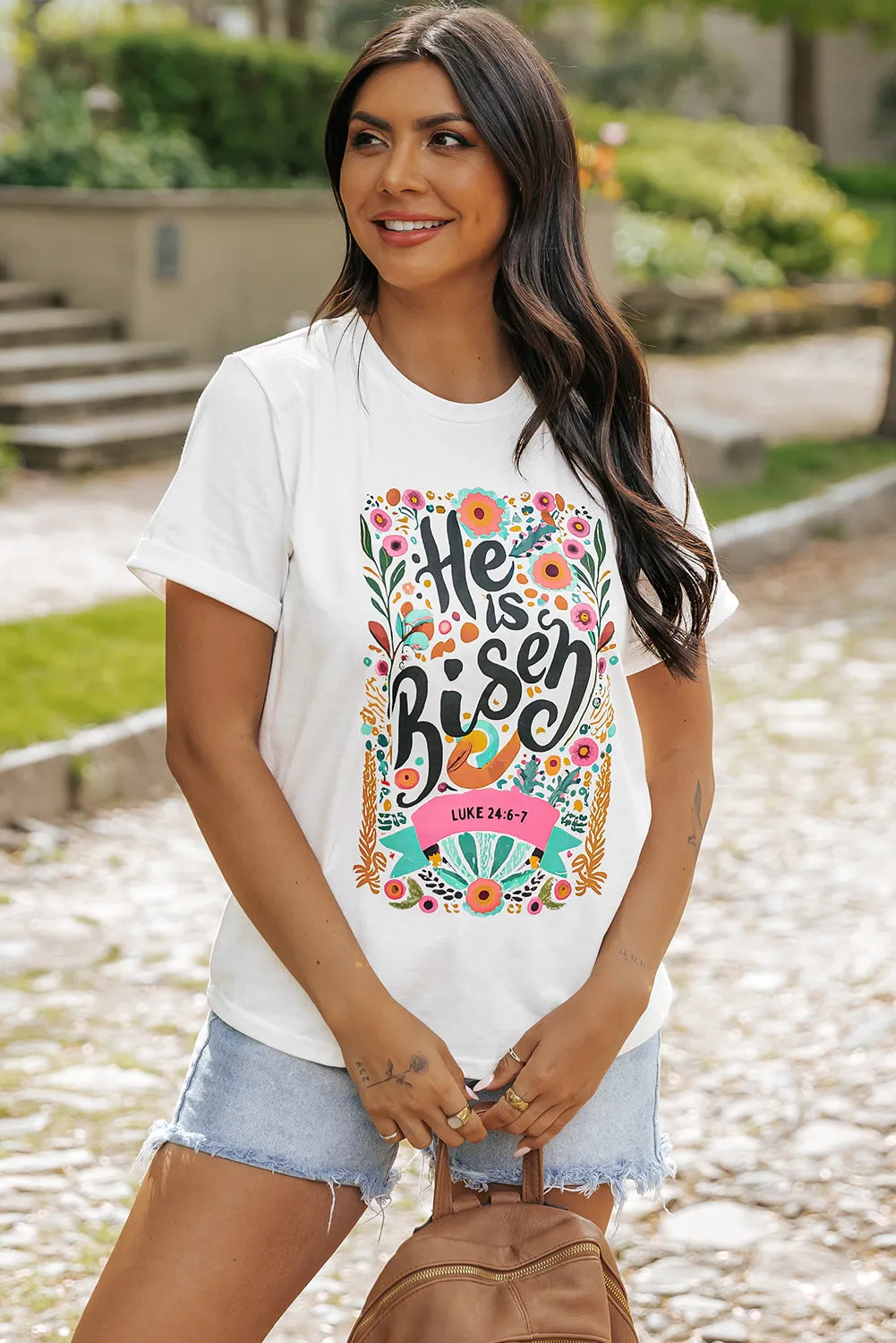 He Is Risen Floral Print Round Neck T Shirt