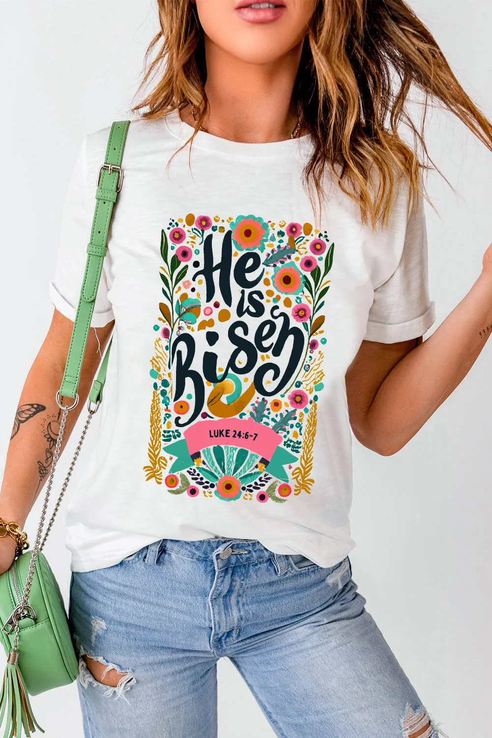 He Is Risen Floral Print Round Neck T Shirt