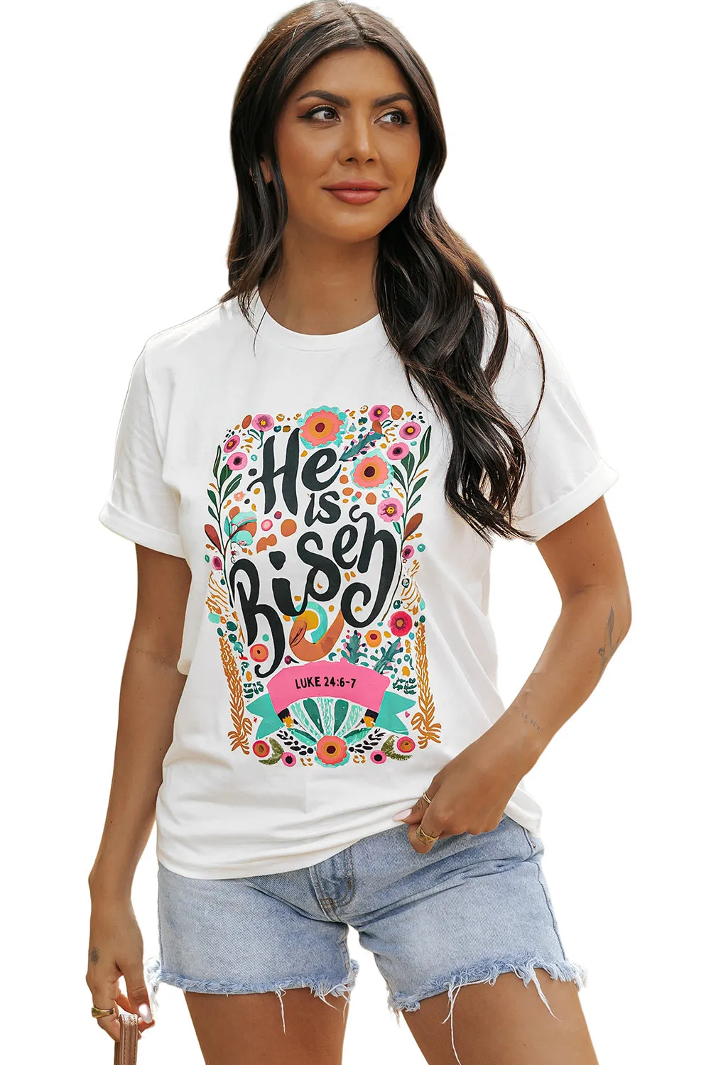 He Is Risen Floral Print Round Neck T Shirt