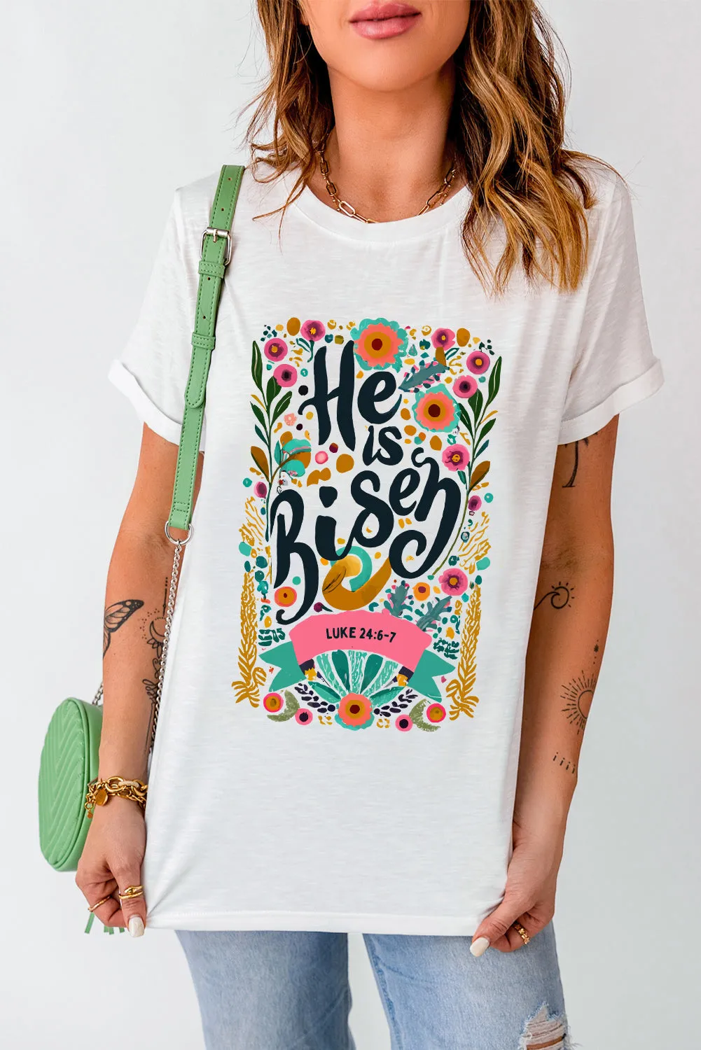 He Is Risen Floral Print Round Neck T Shirt