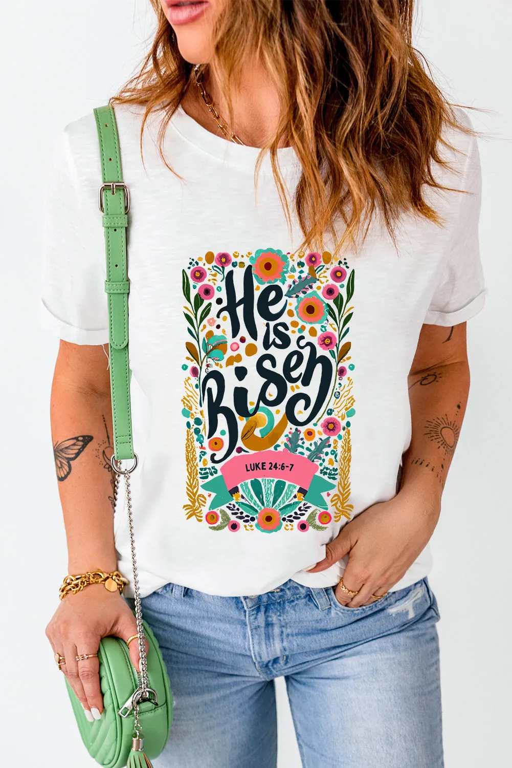 He Is Risen Floral Print Round Neck T Shirt