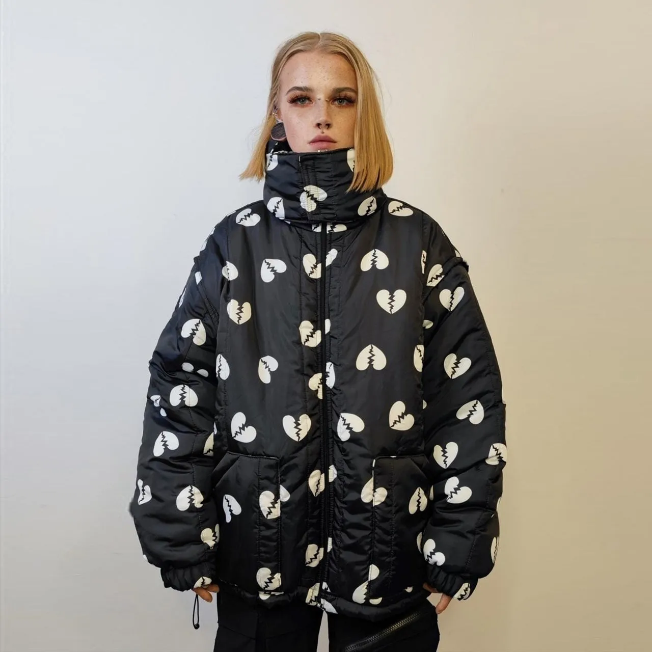 Heart bomber reversible jacket detachable punk puffer black