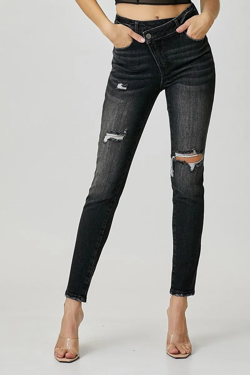 High Rise Crossover Relaxed Skinny Black Jean