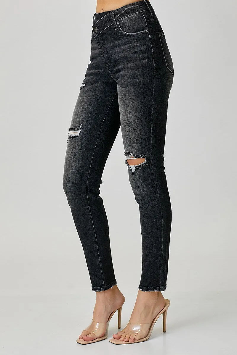 High Rise Crossover Relaxed Skinny Black Jean