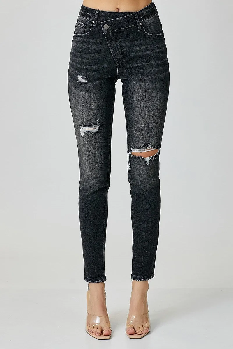 High Rise Crossover Relaxed Skinny Black Jean