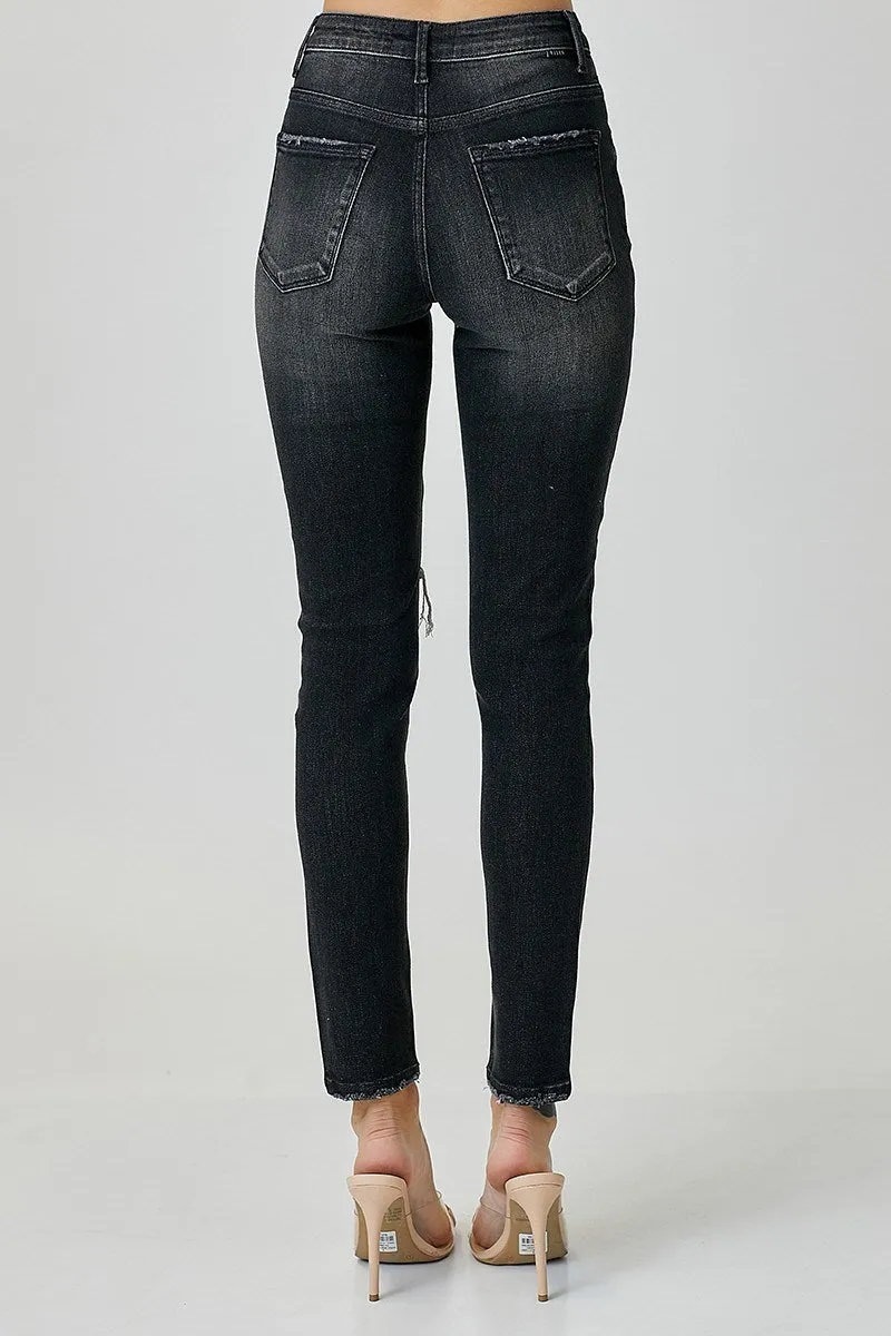 High Rise Crossover Relaxed Skinny Black Jean