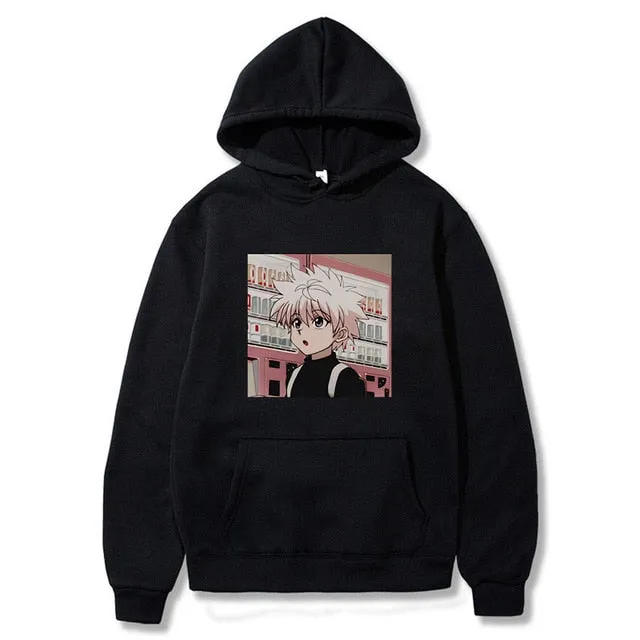 Kawaii Hunter X Hunter Hoodies Men Women Short Sleeve Sweatshirt Killua Zoldyck Anime Manga Black Hoodies Bluzy Tops Clothes