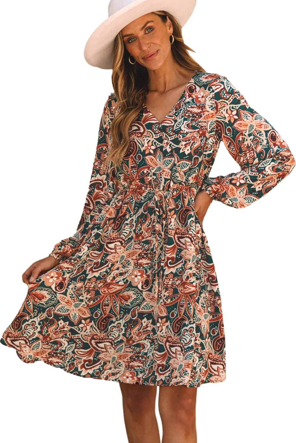 Long Sleeve Surplice Flowy Dress