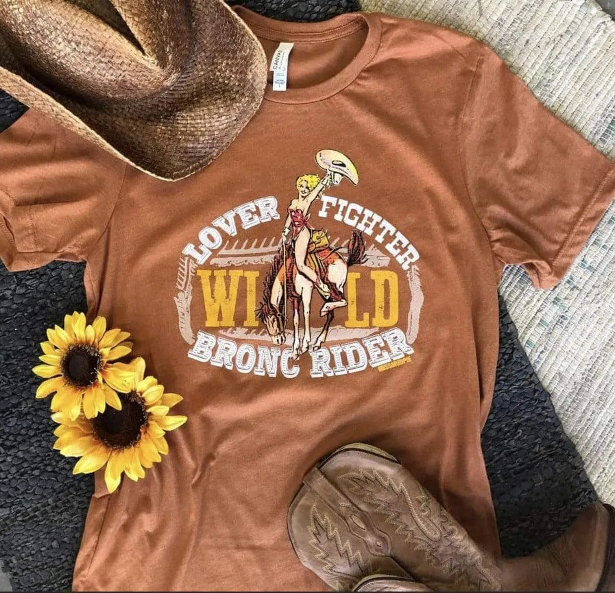 Lover Fighter WILD Bronc Rider Burnt Orange Ash Graphic Tee (made to order) LC