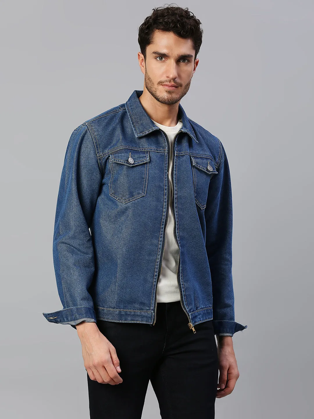 Men's Regular Fit Long Sleeve Zipper Front Denim Jacket Lightweight Zip Up Trucker Jacket (Indigo)