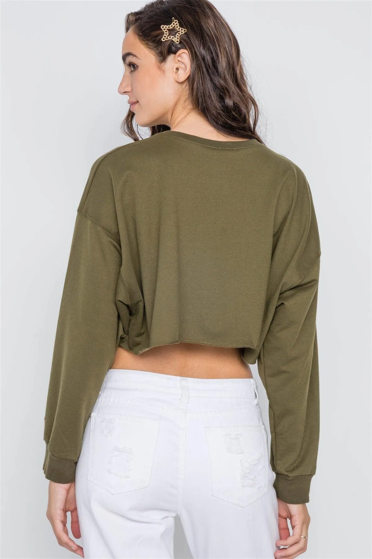 Olive Distressed Zip-Up Colorblock Cropped Sweater /1-2-2